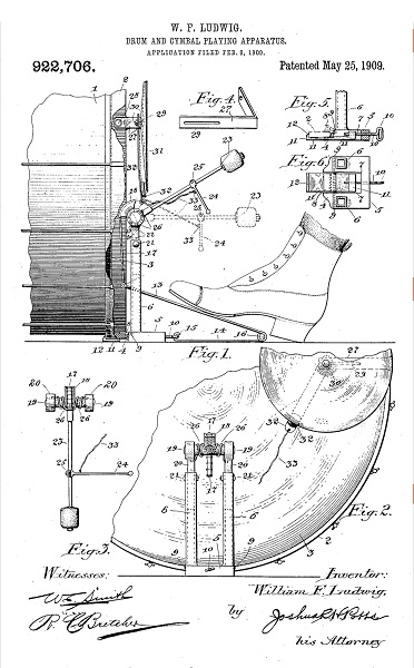 Schéma du brevet de la première pédale de grosse caisse moderne déposée par William F. Ludwig en 1909
