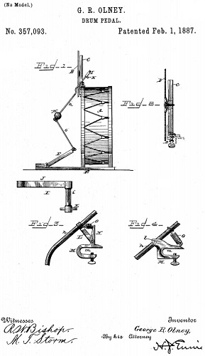 Schéma du brevet de la pédale de grosse caisse suspendue Over-hanging Bass Drum Pedal de George R. Olney 