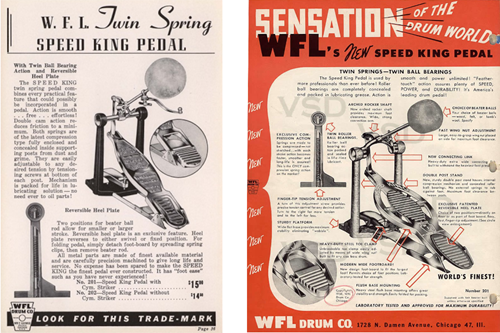 llustrations de la pédale Ludwig Speed King extraites des catalogues Ludwig de 1939 et 1951